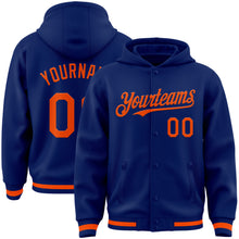 Load image into Gallery viewer, Custom Royal Orange Bomber Full-Snap Varsity Letterman Hoodie Jacket