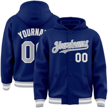 Load image into Gallery viewer, Custom Royal Gray-White Bomber Full-Snap Varsity Letterman Hoodie Jacket