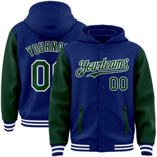 Load image into Gallery viewer, Custom Royal Green-White Bomber Full-Snap Varsity Letterman Two Tone Hoodie Jacket