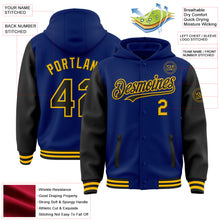 Load image into Gallery viewer, Custom Royal Black-Gold Bomber Full-Snap Varsity Letterman Two Tone Hoodie Jacket