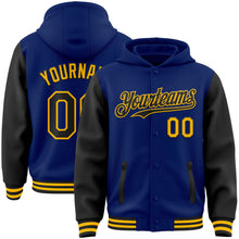 Load image into Gallery viewer, Custom Royal Black-Gold Bomber Full-Snap Varsity Letterman Two Tone Hoodie Jacket