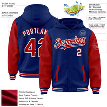 Load image into Gallery viewer, Custom Royal Red-White Bomber Full-Snap Varsity Letterman Two Tone Hoodie Jacket