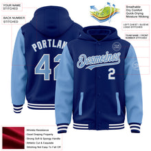Load image into Gallery viewer, Custom Royal Light Blue-White Bomber Full-Snap Varsity Letterman Two Tone Hoodie Jacket