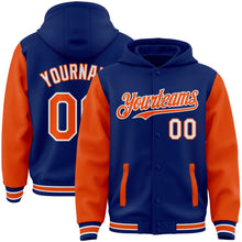 Load image into Gallery viewer, Custom Royal Orange-White Bomber Full-Snap Varsity Letterman Two Tone Hoodie Jacket