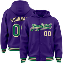 Load image into Gallery viewer, Custom Purple Kelly Green-Cream Bomber Full-Snap Varsity Letterman Hoodie Jacket