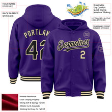 Load image into Gallery viewer, Custom Purple Black-Cream Bomber Full-Snap Varsity Letterman Hoodie Jacket