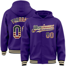Load image into Gallery viewer, Custom Purple Vintage USA Flag Cream-Black Bomber Full-Snap Varsity Letterman Hoodie Jacket
