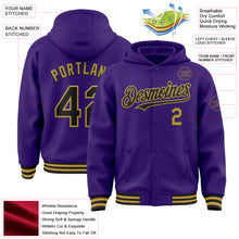 Load image into Gallery viewer, Custom Purple Black-Old Gold Bomber Full-Snap Varsity Letterman Hoodie Jacket