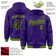 Load image into Gallery viewer, Custom Purple Black-Neon Green Bomber Full-Snap Varsity Letterman Hoodie Jacket