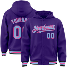 Load image into Gallery viewer, Custom Purple Light Blue Pink-Black Bomber Full-Snap Varsity Letterman Hoodie Jacket