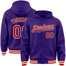 Load image into Gallery viewer, Custom Purple Red-White Bomber Full-Snap Varsity Letterman Hoodie Jacket