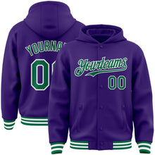 Load image into Gallery viewer, Custom Purple Kelly Green-White Bomber Full-Snap Varsity Letterman Hoodie Jacket
