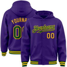 Load image into Gallery viewer, Custom Purple Green-Gold Bomber Full-Snap Varsity Letterman Hoodie Jacket