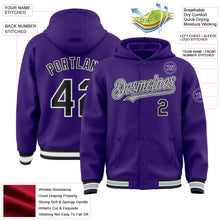 Load image into Gallery viewer, Custom Purple Black-Gray Bomber Full-Snap Varsity Letterman Hoodie Jacket