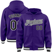 Load image into Gallery viewer, Custom Purple Black-Gray Bomber Full-Snap Varsity Letterman Hoodie Jacket
