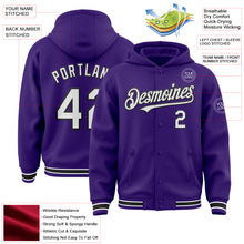 Load image into Gallery viewer, Custom Purple White-Black Bomber Full-Snap Varsity Letterman Hoodie Jacket