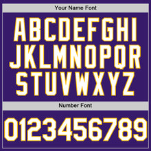 Load image into Gallery viewer, Custom Purple White-Gold Bomber Full-Snap Varsity Letterman Hoodie Jacket