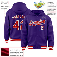 Load image into Gallery viewer, Custom Purple Red-White Bomber Full-Snap Varsity Letterman Hoodie Jacket