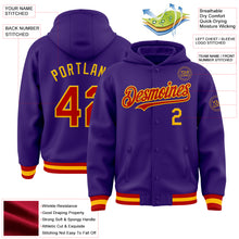 Load image into Gallery viewer, Custom Purple Red-Gold Bomber Full-Snap Varsity Letterman Hoodie Jacket