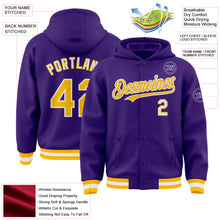 Load image into Gallery viewer, Custom Purple Gold-White Bomber Full-Snap Varsity Letterman Hoodie Jacket