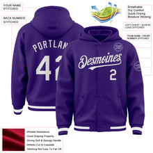 Load image into Gallery viewer, Custom Purple White Bomber Full-Snap Varsity Letterman Hoodie Jacket