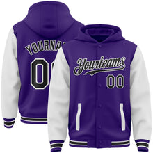 Load image into Gallery viewer, Custom Purple Black-White Bomber Full-Snap Varsity Letterman Two Tone Hoodie Jacket