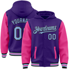 Load image into Gallery viewer, Custom Purple Light Blue Pink-Black Bomber Full-Snap Varsity Letterman Two Tone Hoodie Jacket
