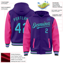 Load image into Gallery viewer, Custom Purple Sky Blue Pink-Black Bomber Full-Snap Varsity Letterman Two Tone Hoodie Jacket