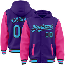 Load image into Gallery viewer, Custom Purple Sky Blue Pink-Black Bomber Full-Snap Varsity Letterman Two Tone Hoodie Jacket