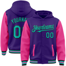 Load image into Gallery viewer, Custom Purple Aqua Pink-Black Bomber Full-Snap Varsity Letterman Two Tone Hoodie Jacket
