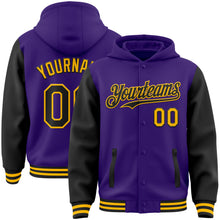 Load image into Gallery viewer, Custom Purple Black-Gold Bomber Full-Snap Varsity Letterman Two Tone Hoodie Jacket