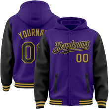 Load image into Gallery viewer, Custom Purple Black-Old Gold Bomber Full-Snap Varsity Letterman Two Tone Hoodie Jacket