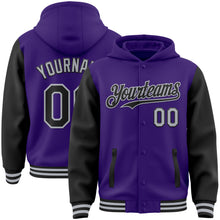 Load image into Gallery viewer, Custom Purple Black-Gray Bomber Full-Snap Varsity Letterman Two Tone Hoodie Jacket