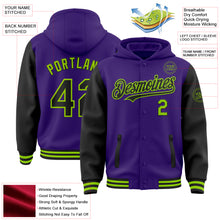 Load image into Gallery viewer, Custom Purple Black-Neon Green Bomber Full-Snap Varsity Letterman Two Tone Hoodie Jacket