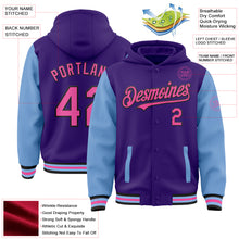 Load image into Gallery viewer, Custom Purple Pink Light Blue-Black Bomber Full-Snap Varsity Letterman Two Tone Hoodie Jacket