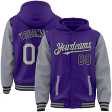 Load image into Gallery viewer, Custom Purple Gray-Black Bomber Full-Snap Varsity Letterman Two Tone Hoodie Jacket
