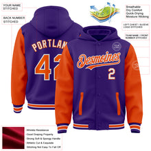 Load image into Gallery viewer, Custom Purple Orange-White Bomber Full-Snap Varsity Letterman Two Tone Hoodie Jacket