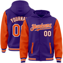Load image into Gallery viewer, Custom Purple Orange-White Bomber Full-Snap Varsity Letterman Two Tone Hoodie Jacket