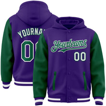 Load image into Gallery viewer, Custom Purple Kelly Green-White Bomber Full-Snap Varsity Letterman Two Tone Hoodie Jacket