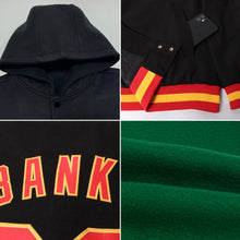 Load image into Gallery viewer, Custom Kelly Green Black-Gold Bomber Full-Snap Varsity Letterman Hoodie Jacket