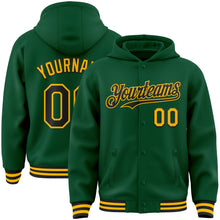 Load image into Gallery viewer, Custom Kelly Green Black-Gold Bomber Full-Snap Varsity Letterman Hoodie Jacket