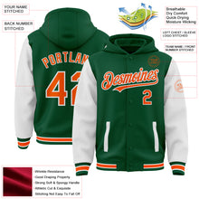 Load image into Gallery viewer, Custom Kelly Green Orange-White Bomber Full-Snap Varsity Letterman Two Tone Hoodie Jacket