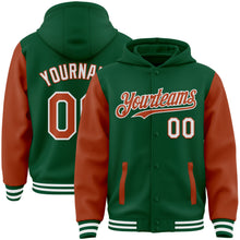 Load image into Gallery viewer, Custom Kelly Green Texas Orange-White Bomber Full-Snap Varsity Letterman Two Tone Hoodie Jacket