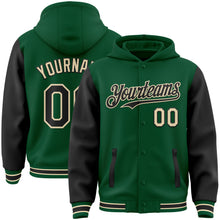 Load image into Gallery viewer, Custom Kelly Green Black-Cream Bomber Full-Snap Varsity Letterman Two Tone Hoodie Jacket