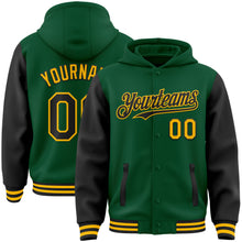 Load image into Gallery viewer, Custom Kelly Green Black-Gold Bomber Full-Snap Varsity Letterman Two Tone Hoodie Jacket