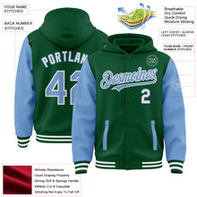 Load image into Gallery viewer, Custom Kelly Green Light Blue-White Bomber Full-Snap Varsity Letterman Two Tone Hoodie Jacket