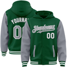 Load image into Gallery viewer, Custom Kelly Green Gray-White Bomber Full-Snap Varsity Letterman Two Tone Hoodie Jacket