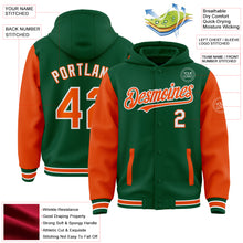 Load image into Gallery viewer, Custom Kelly Green Orange-White Bomber Full-Snap Varsity Letterman Two Tone Hoodie Jacket