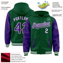 Load image into Gallery viewer, Custom Kelly Green Purple-White Bomber Full-Snap Varsity Letterman Two Tone Hoodie Jacket