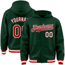 Load image into Gallery viewer, Custom Green Red-White Bomber Full-Snap Varsity Letterman Hoodie Jacket